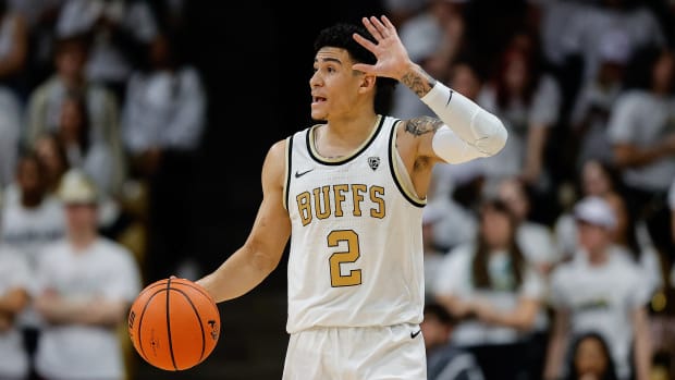 Colorado Buffaloes guard KJ Simpson (2) gestures in the second half against the Arizona Wildcats at CU Events Center